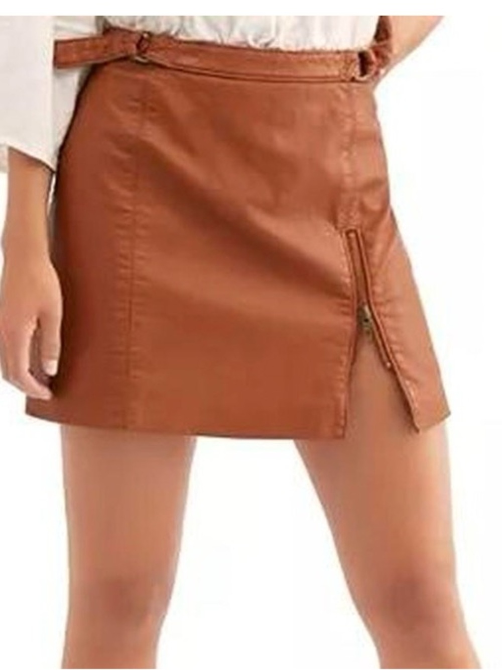 Free People Cognac Faux Leather Mini Skirt with Side Zip
